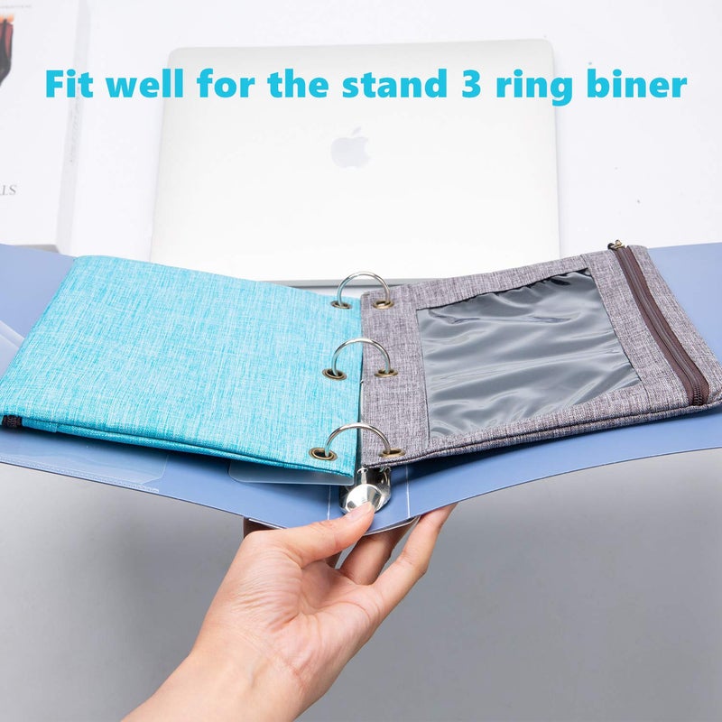 KBD 3 Rings Binder Pencil Pouch, Pencil Case with Clear Window (Grey&Blue 2pack) - Image 2